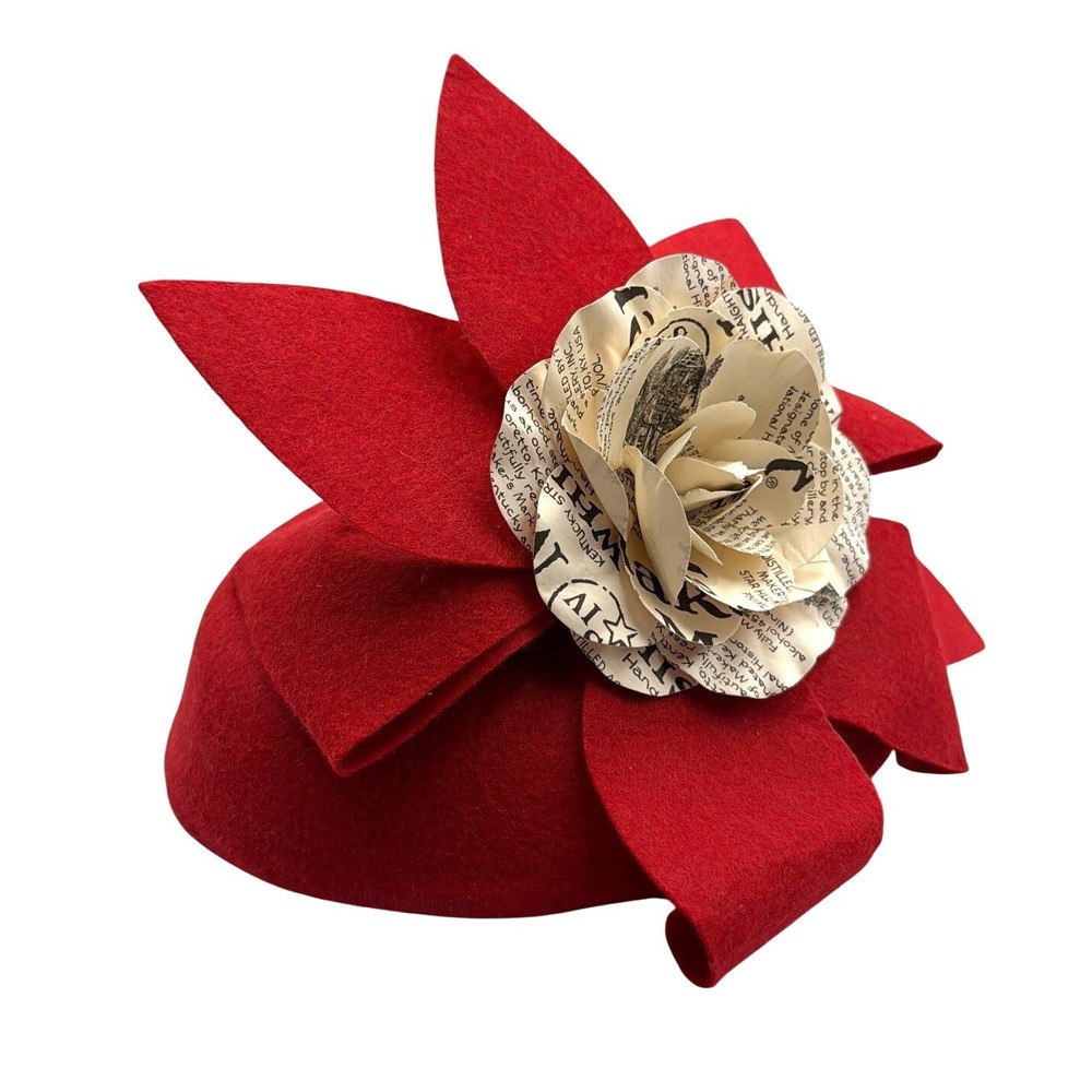 Maker's Mark Pillbox Fascinator Hat Women OS Red Wool Felt Newspaper Flower